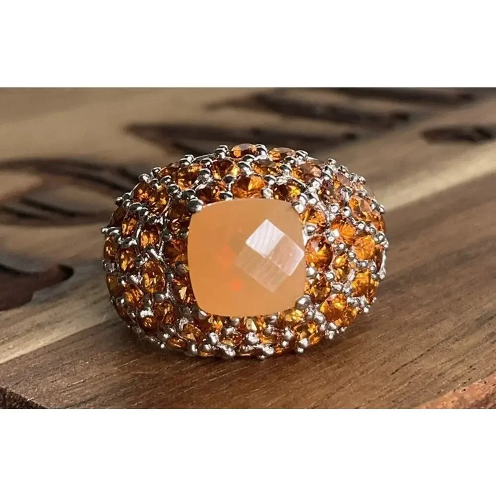 Vintage Sterling Silver Peach Chalcedony Orange Gemstone Cocktail Ring Size 7